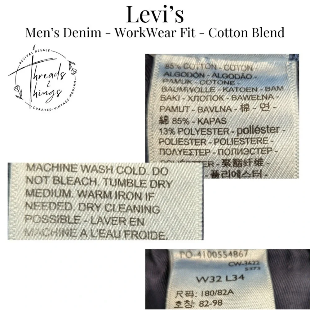 Levis Jeans Mens Workwear Fit Med‎ Blue Wash 32 34 Durable Cotton Blend Straight